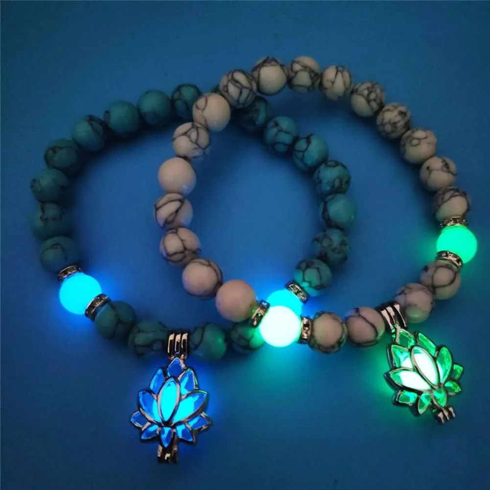 Lotus Flower Bracelet for Women Men Luminous Flower Lotus Turquoise Beaded Bracelet Charm Glow In The Dark Jewelry Adjustable