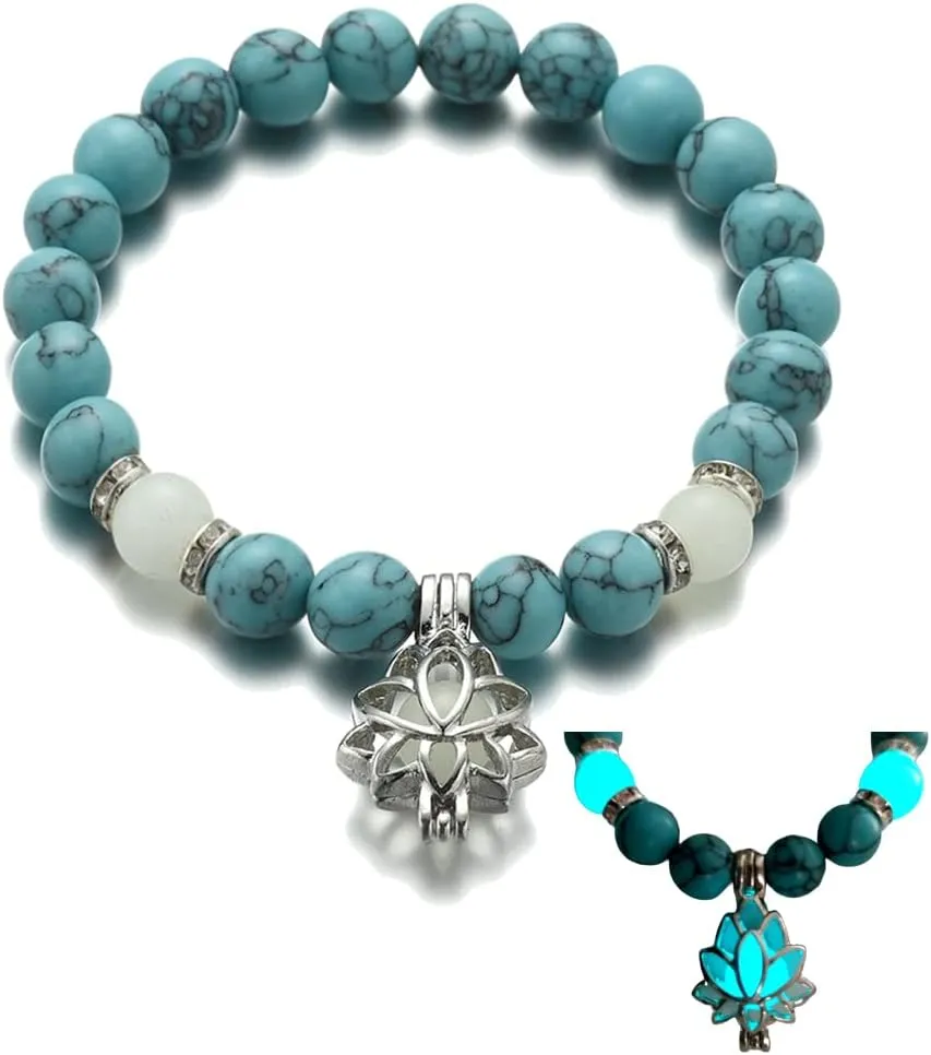 Lotus Flower Bracelet for Women Men Luminous Flower Lotus Turquoise Beaded Bracelet Charm Glow In The Dark Jewelry Adjustable