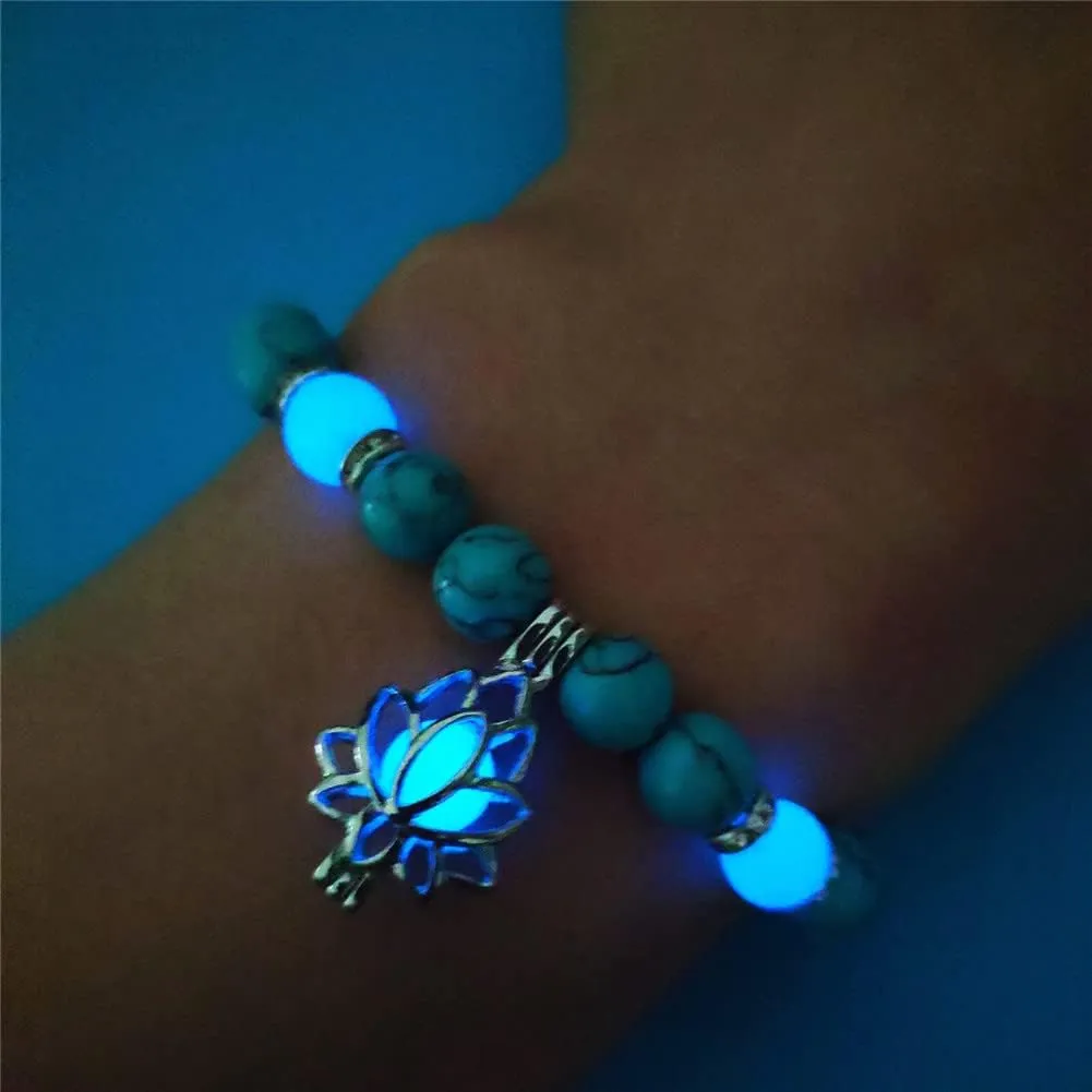 Lotus Flower Bracelet for Women Men Luminous Flower Lotus Turquoise Beaded Bracelet Charm Glow In The Dark Jewelry Adjustable