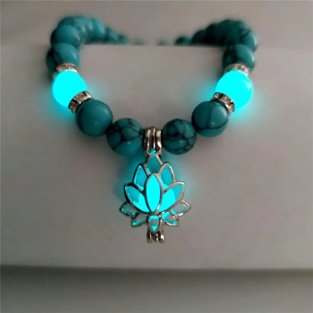 Lotus Flower Bracelet for Women Men Luminous Flower Lotus Turquoise Beaded Bracelet Charm Glow In The Dark Jewelry Adjustable