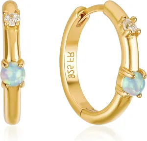 Luxe Aurora: 925 Silver Huggie Hoop Earrings with Opal and Cubic Zirconia, 18K Gold Plated