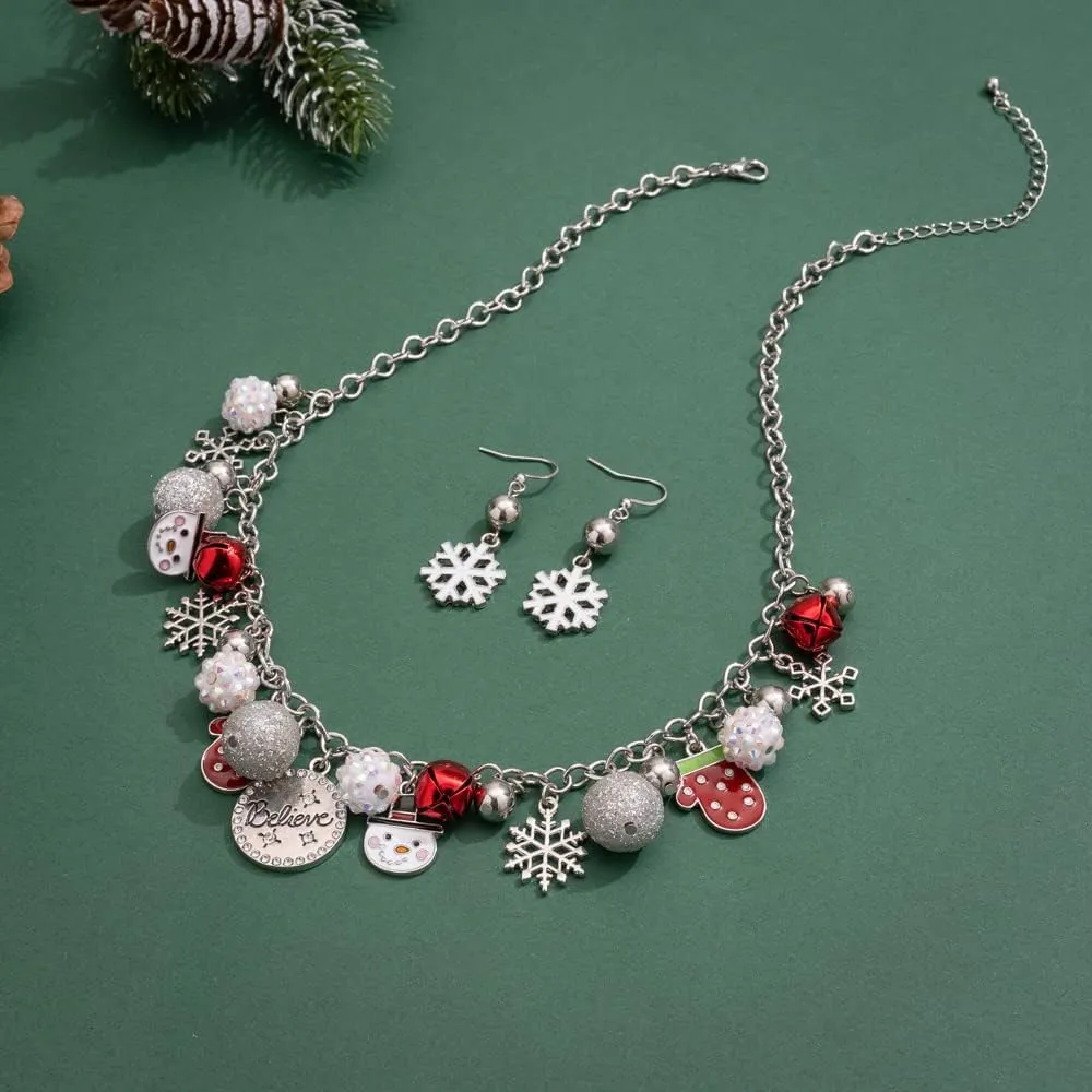Madison Tyler Christmas Charm Jewelry Set for Women | Statement Christmas Snowball Snowman Snowflake | Bells Necklace | Dangle Silver Snowflake Earrings | Xmas Holiday Necklaces Gifts for Girls
