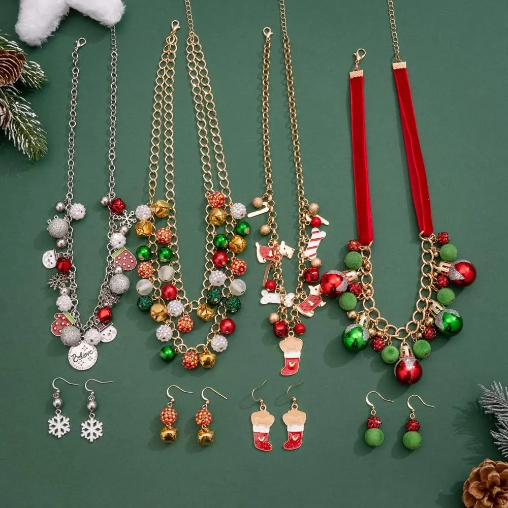 Madison Tyler Christmas Charm Jewelry Set for Women | Statement Christmas Snowball Snowman Snowflake | Bells Necklace | Dangle Silver Snowflake Earrings | Xmas Holiday Necklaces Gifts for Girls