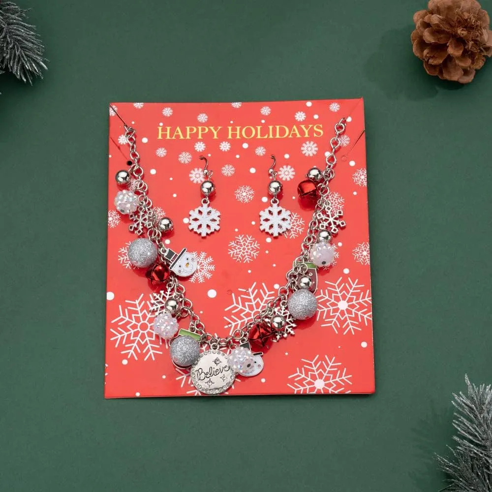 Madison Tyler Christmas Charm Jewelry Set for Women | Statement Christmas Snowball Snowman Snowflake | Bells Necklace | Dangle Silver Snowflake Earrings | Xmas Holiday Necklaces Gifts for Girls