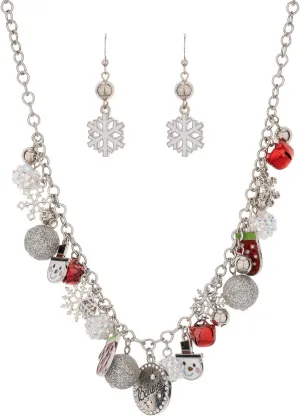 Madison Tyler Christmas Charm Jewelry Set for Women | Statement Christmas Snowball Snowman Snowflake | Bells Necklace | Dangle Silver Snowflake Earrings | Xmas Holiday Necklaces Gifts for Girls