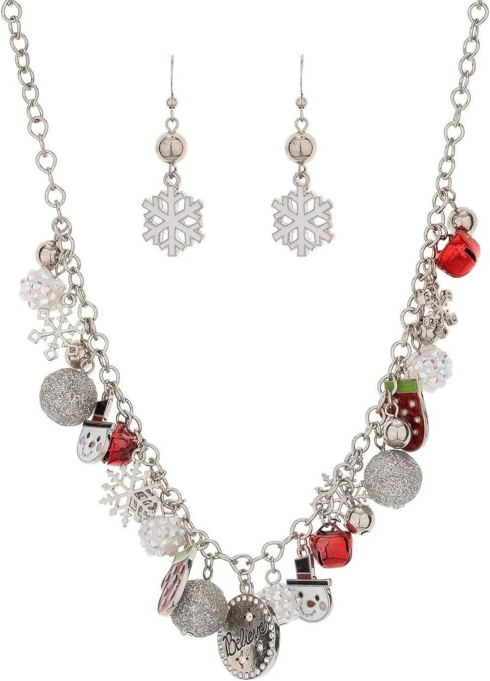 Madison Tyler Christmas Charm Jewelry Set for Women | Statement Christmas Snowball Snowman Snowflake | Bells Necklace | Dangle Silver Snowflake Earrings | Xmas Holiday Necklaces Gifts for Girls