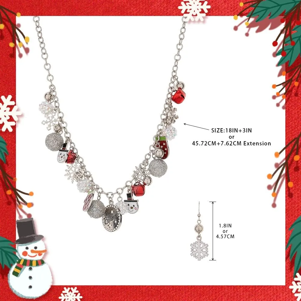 Madison Tyler Christmas Charm Jewelry Set for Women | Statement Christmas Snowball Snowman Snowflake | Bells Necklace | Dangle Silver Snowflake Earrings | Xmas Holiday Necklaces Gifts for Girls