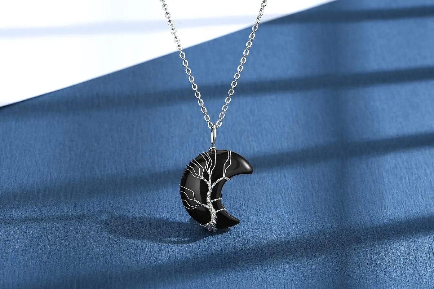 MAIBAOTA Healing Crystal Necklace, Tree Life Wire Wrapped Crescent Moon Necklace, Natural Stone Pendant Necklaces, Mothers Day Gifts for Mom, Gemstone Jewelry Gifts for Women