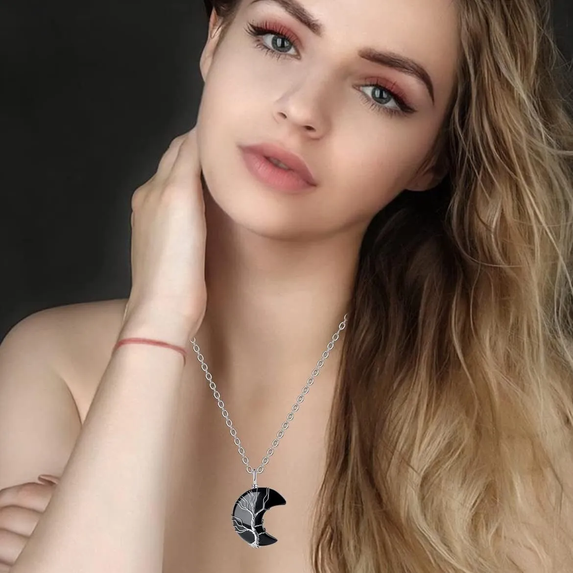 MAIBAOTA Healing Crystal Necklace, Tree Life Wire Wrapped Crescent Moon Necklace, Natural Stone Pendant Necklaces, Mothers Day Gifts for Mom, Gemstone Jewelry Gifts for Women