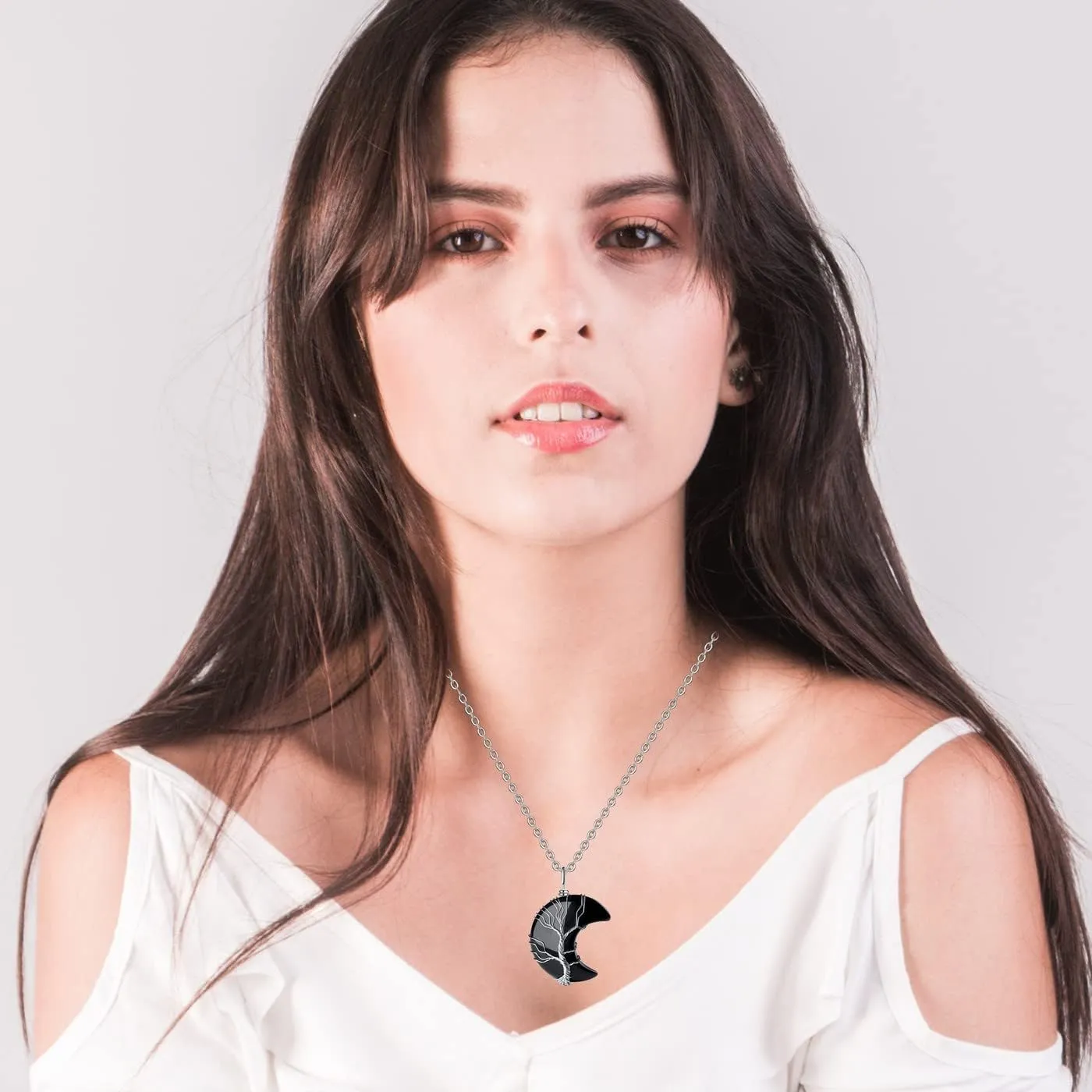 MAIBAOTA Healing Crystal Necklace, Tree Life Wire Wrapped Crescent Moon Necklace, Natural Stone Pendant Necklaces, Mothers Day Gifts for Mom, Gemstone Jewelry Gifts for Women