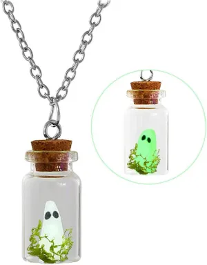 MALOYANVE Ghost in A Bottle Necklace Funny Handmade Glass Glow in the Dark Spooky Ghost Statement Pendant Necklace Halloween Jewelry Gifts for Women and Men