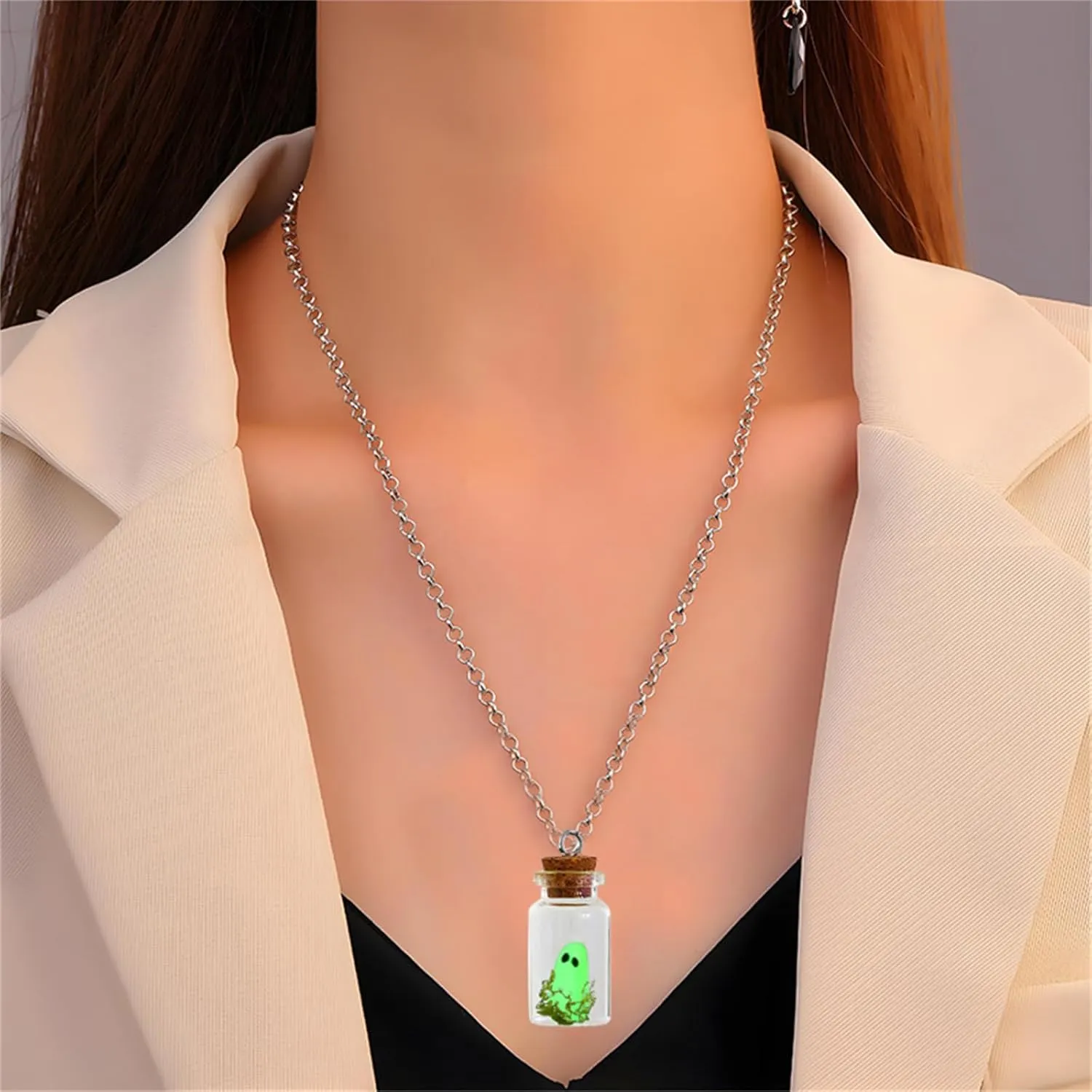 MALOYANVE Ghost in A Bottle Necklace Funny Handmade Glass Glow in the Dark Spooky Ghost Statement Pendant Necklace Halloween Jewelry Gifts for Women and Men