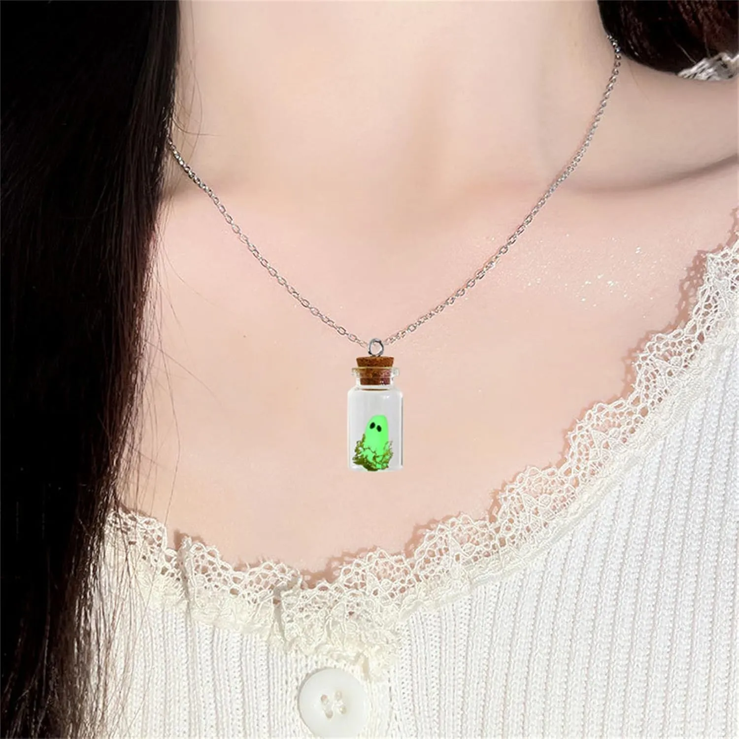 MALOYANVE Ghost in A Bottle Necklace Funny Handmade Glass Glow in the Dark Spooky Ghost Statement Pendant Necklace Halloween Jewelry Gifts for Women and Men