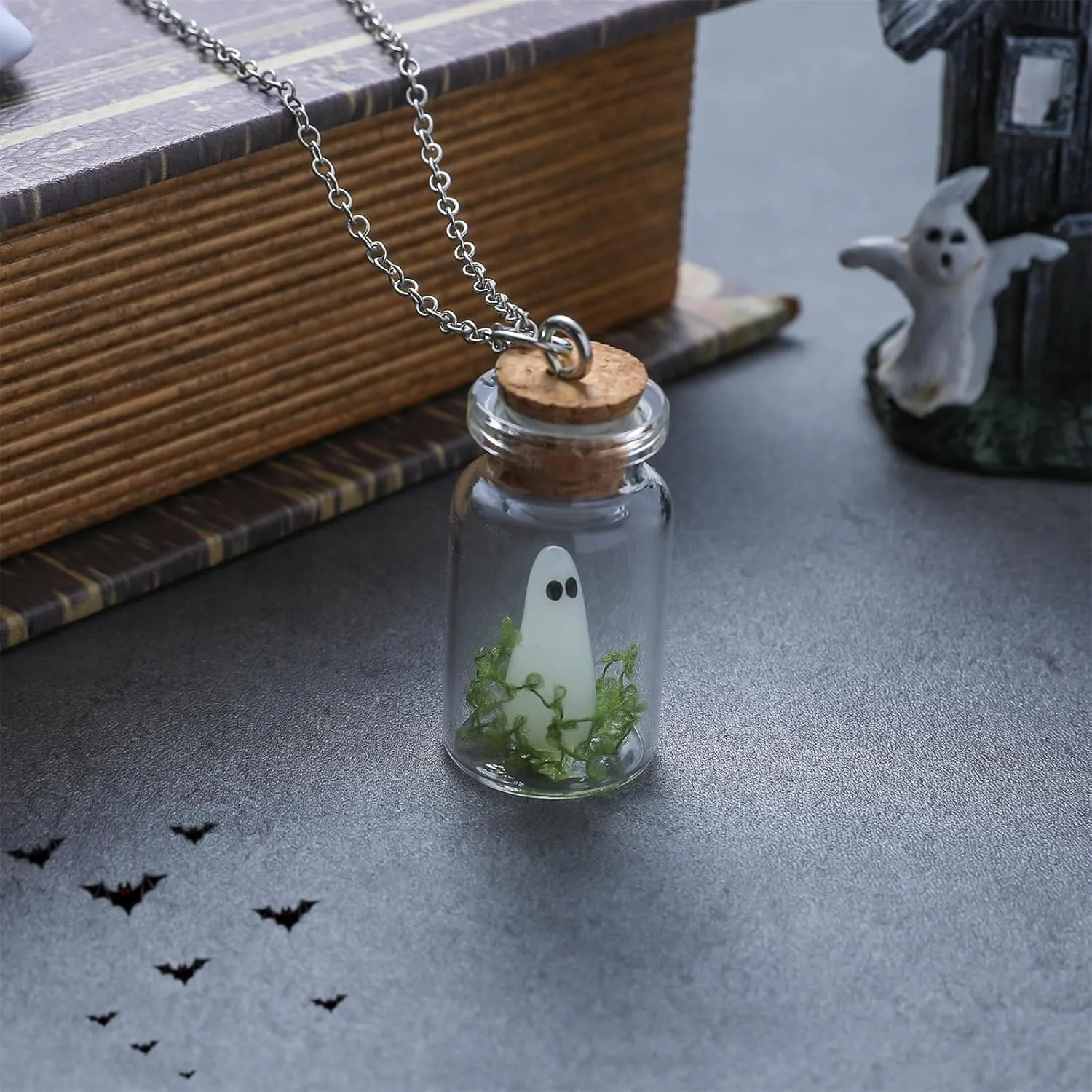 MALOYANVE Ghost in A Bottle Necklace Funny Handmade Glass Glow in the Dark Spooky Ghost Statement Pendant Necklace Halloween Jewelry Gifts for Women and Men