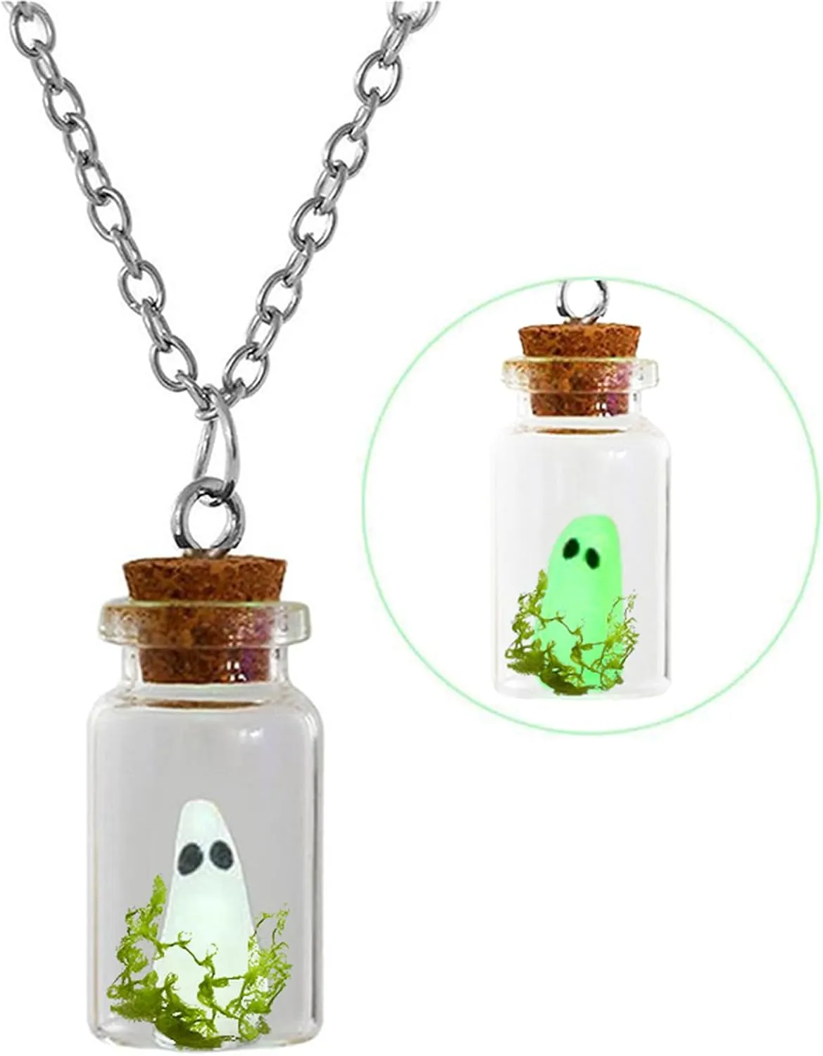 MALOYANVE Ghost in A Bottle Necklace Funny Handmade Glass Glow in the Dark Spooky Ghost Statement Pendant Necklace Halloween Jewelry Gifts for Women and Men