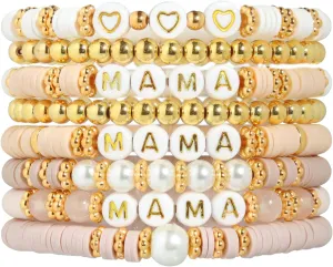 Mama Bracelet Mother's Day Birthday Holiday Gift Mom Beaded Bracelets For Women Stackable Beads Boho Bracelet Summer Beach Jewelry Set (MAMA-Beige)