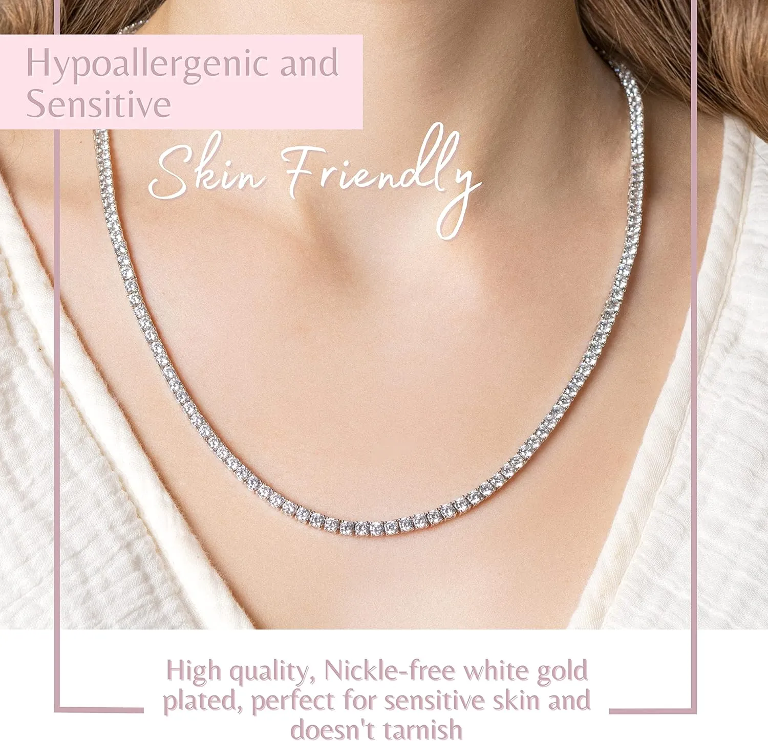 MAZZERI 3mm Round Cubic Zirconia Silver Tennis Necklace For Woman And Men - White Gold Plated Hypoallergenic Faux Diamond Chain Necklace