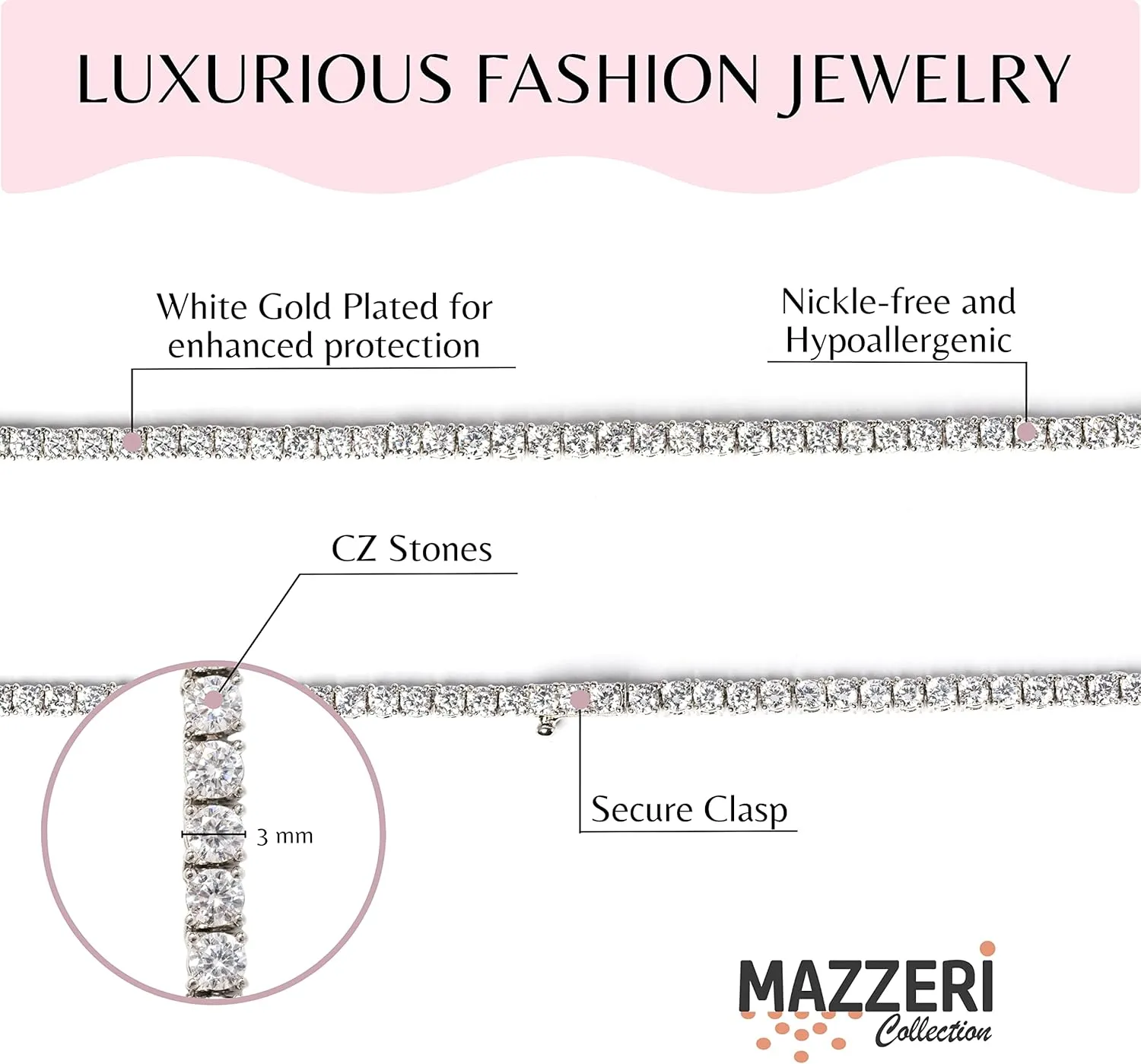 MAZZERI 3mm Round Cubic Zirconia Silver Tennis Necklace For Woman And Men - White Gold Plated Hypoallergenic Faux Diamond Chain Necklace