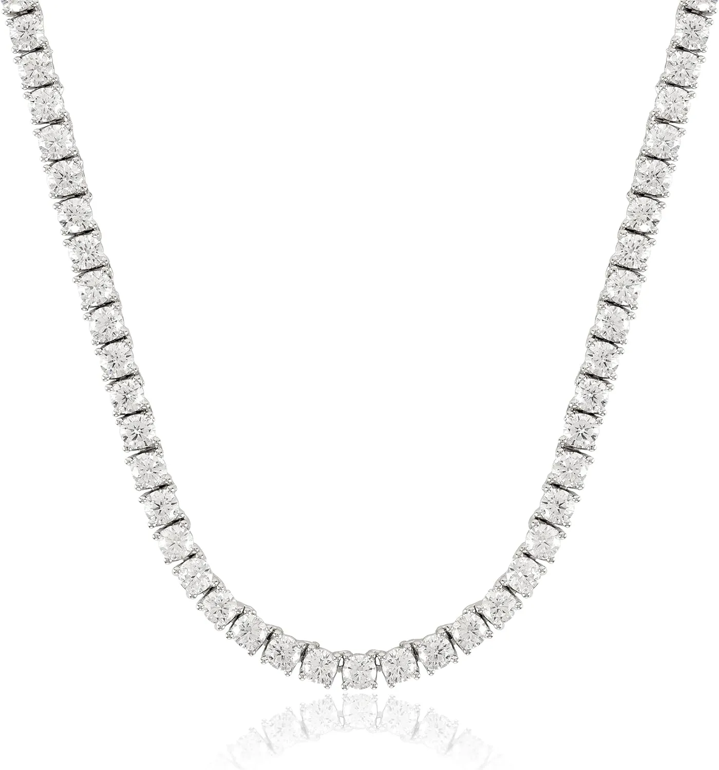 MAZZERI 3mm Round Cubic Zirconia Silver Tennis Necklace For Woman And Men - White Gold Plated Hypoallergenic Faux Diamond Chain Necklace