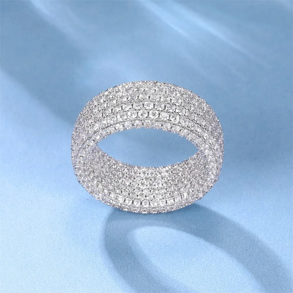 MDFUN 18K White Gold Plated Engagement Promise Wedding Eternity Ring for Women Men, Iced Out Sparkling Cubic Zirconia Rings 9mm Width Size 5-10