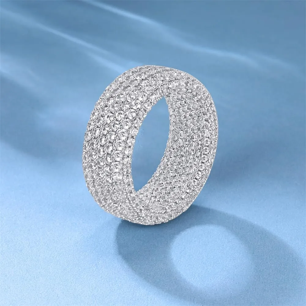MDFUN 18K White Gold Plated Engagement Promise Wedding Eternity Ring for Women Men, Iced Out Sparkling Cubic Zirconia Rings 9mm Width Size 5-10
