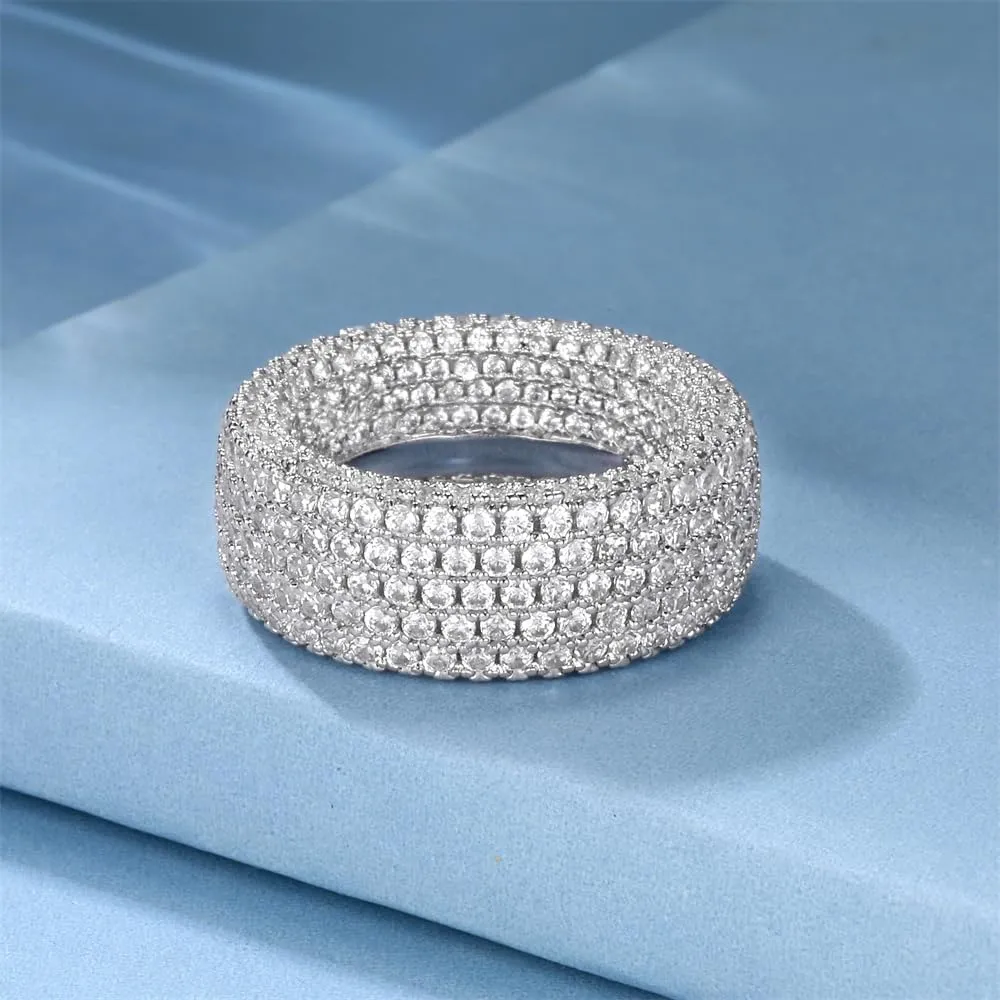 MDFUN 18K White Gold Plated Engagement Promise Wedding Eternity Ring for Women Men, Iced Out Sparkling Cubic Zirconia Rings 9mm Width Size 5-10