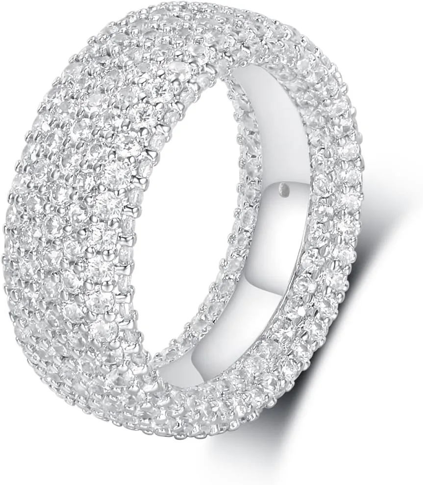 MDFUN 18K White Gold Plated Engagement Promise Wedding Eternity Ring for Women Men, Iced Out Sparkling Cubic Zirconia Round Rings 8.5mm Width Size 5-10
