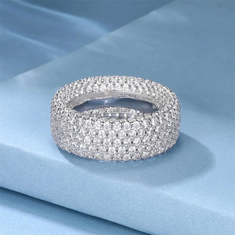 MDFUN 18K White Gold Plated Engagement Promise Wedding Eternity Ring for Women Men, Iced Out Sparkling Cubic Zirconia Round Rings 8.5mm Width Size 5-10