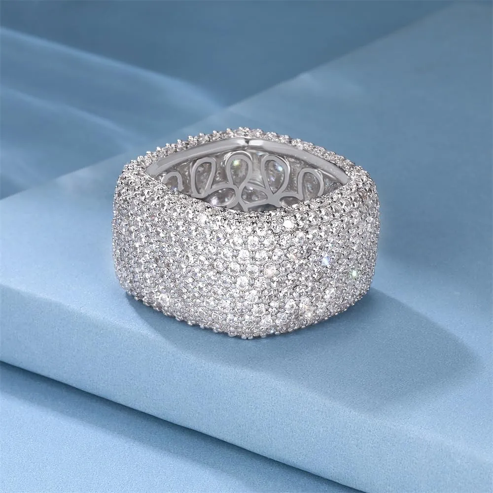 MDFUN 18K White Gold Plated Iced Out Engagement Promise Wedding Eternity Square Ring for Women Men, Sparkling Cubic Zirconia Rings 13.5mm Width Size 5-10.5