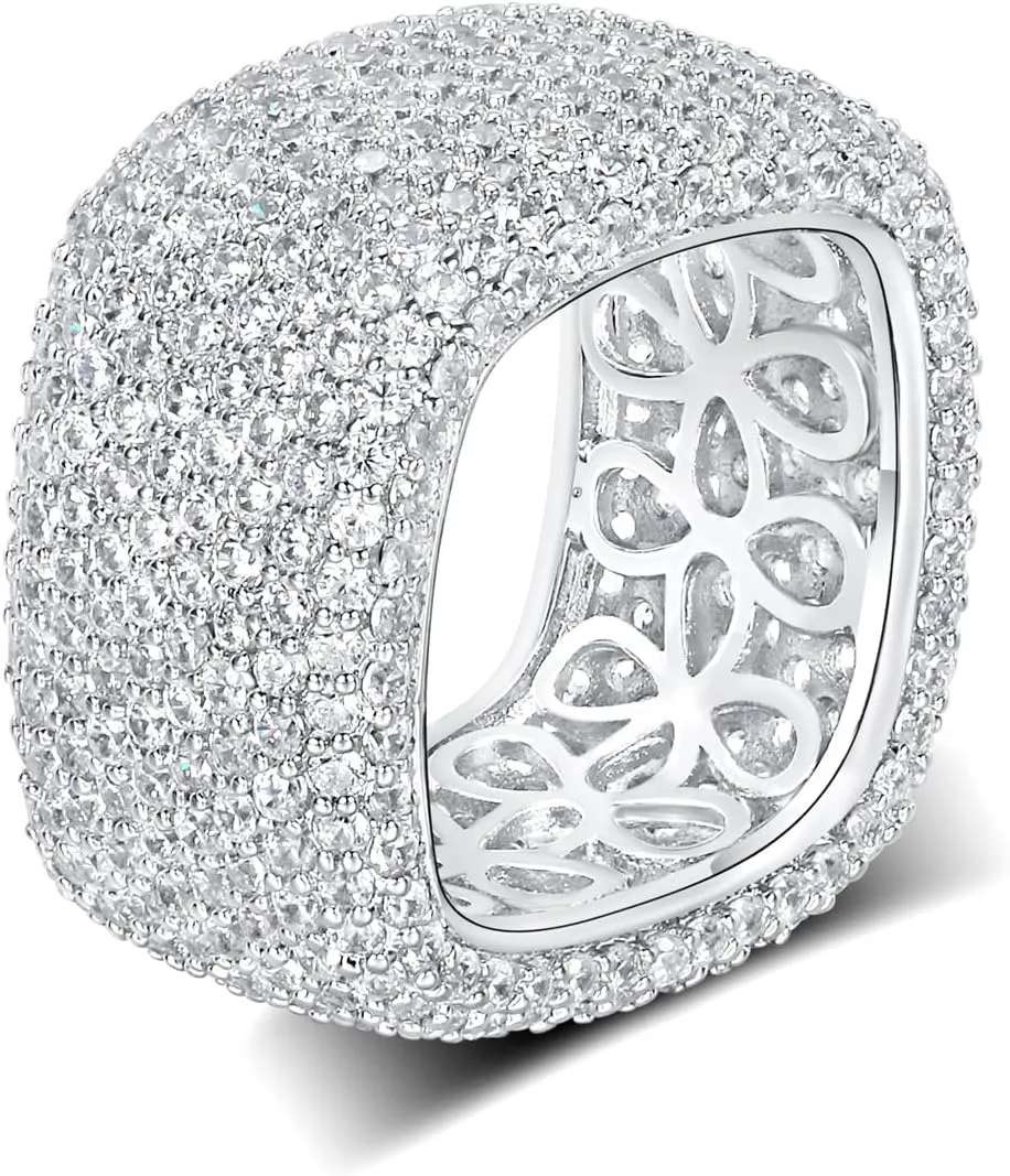 MDFUN 18K White Gold Plated Iced Out Engagement Promise Wedding Eternity Square Ring for Women Men, Sparkling Cubic Zirconia Rings 13.5mm Width Size 5-10.5
