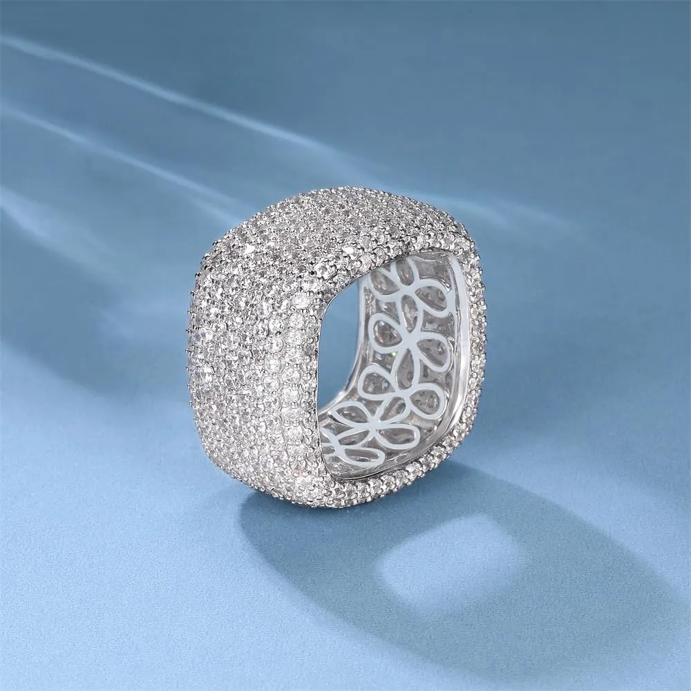 MDFUN 18K White Gold Plated Iced Out Engagement Promise Wedding Eternity Square Ring for Women Men, Sparkling Cubic Zirconia Rings 13.5mm Width Size 5-10.5