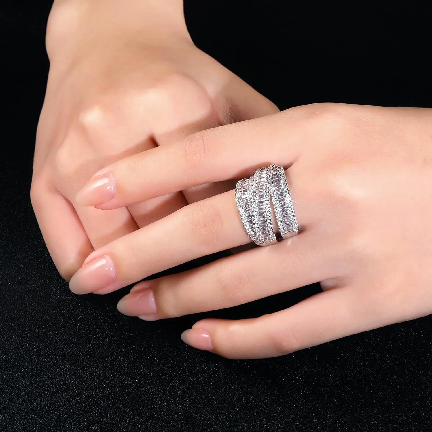 MDFUN 18K White Gold/Yellow Gold Plated Halo Wedding Eternity Ring for Women, 3 Rows Emerald Cut Cubic Zirconia Rings Statement Band Size 5-10