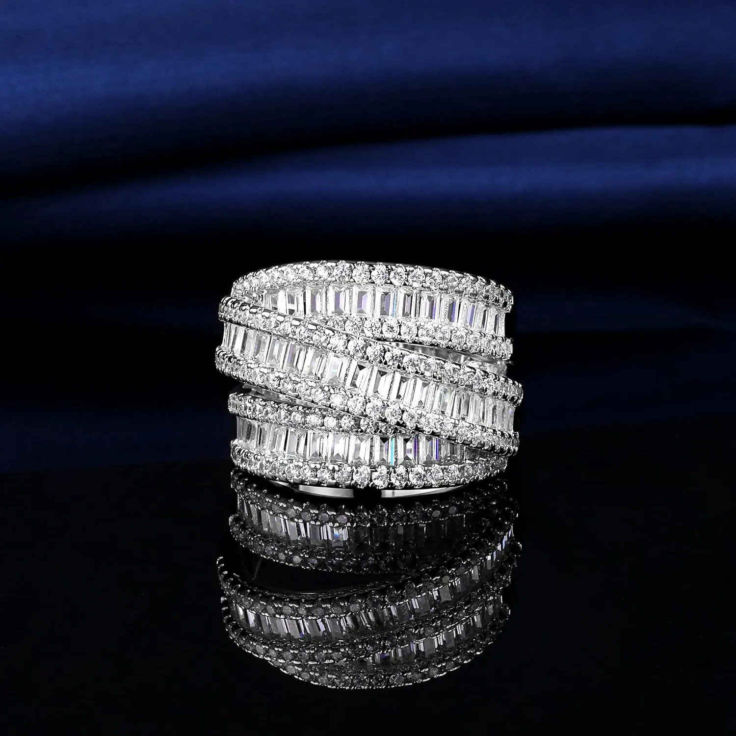 MDFUN 18K White Gold/Yellow Gold Plated Halo Wedding Eternity Ring for Women, 3 Rows Emerald Cut Cubic Zirconia Rings Statement Band Size 5-10