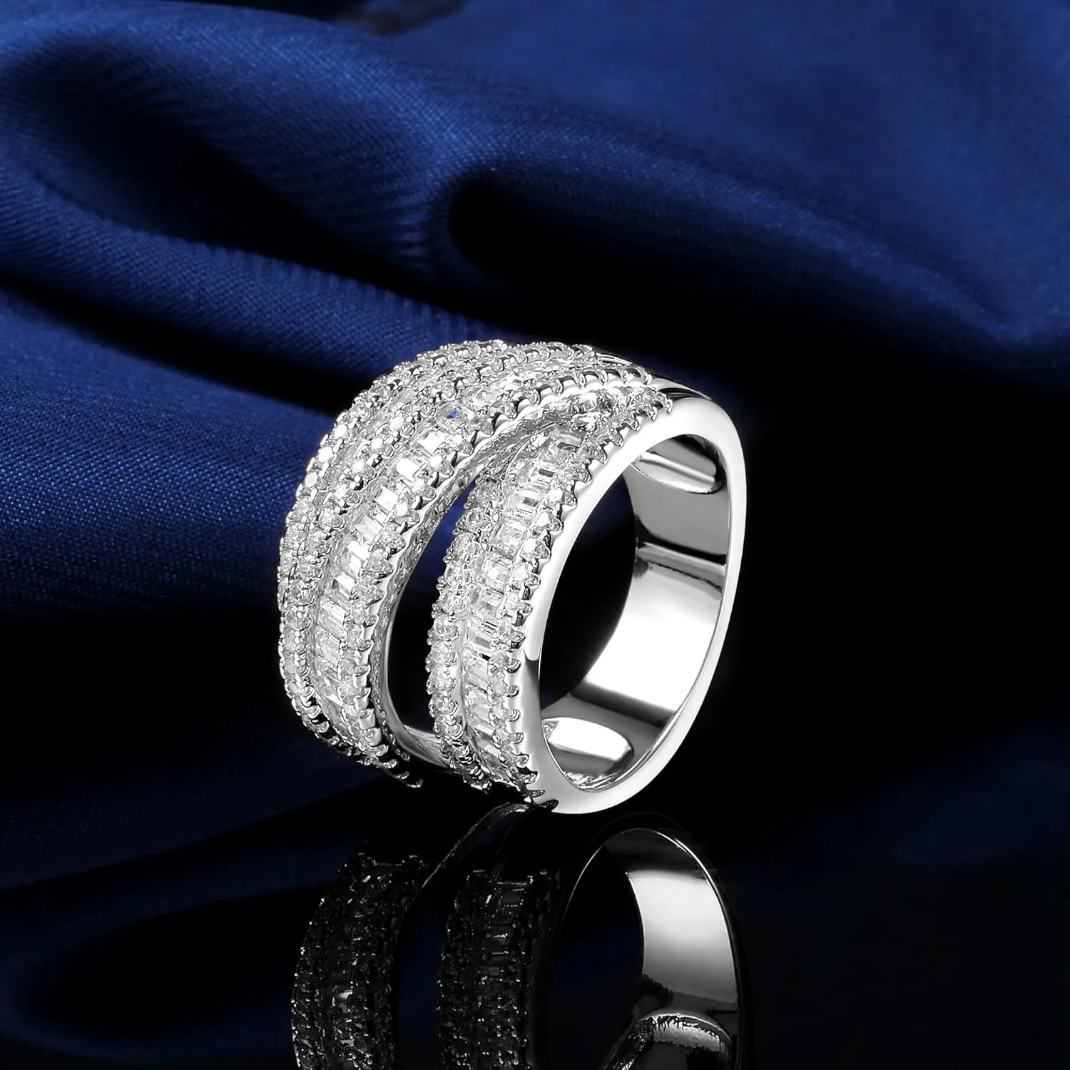 MDFUN 18K White Gold/Yellow Gold Plated Halo Wedding Eternity Ring for Women, 3 Rows Emerald Cut Cubic Zirconia Rings Statement Band Size 5-10