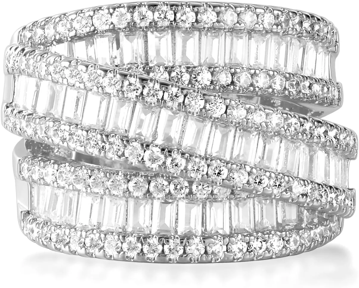 MDFUN 18K White Gold/Yellow Gold Plated Halo Wedding Eternity Ring for Women, 3 Rows Emerald Cut Cubic Zirconia Rings Statement Band Size 5-10