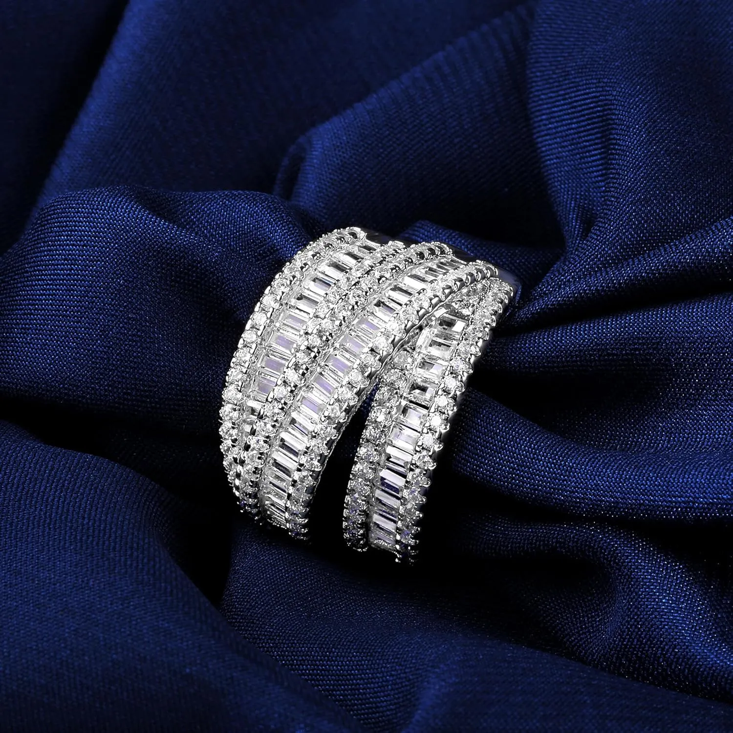 MDFUN 18K White Gold/Yellow Gold Plated Halo Wedding Eternity Ring for Women, 3 Rows Emerald Cut Cubic Zirconia Rings Statement Band Size 5-10