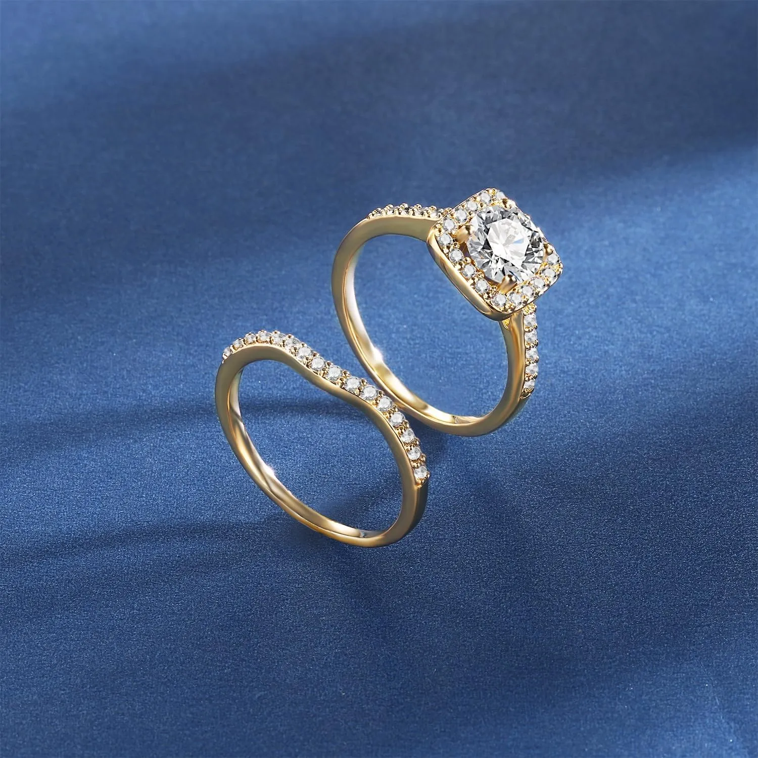 MDFUN 18K Yellow Gold Plated Cubic Zirconia Three-in-One Halo Wedding Engagement Promise Eternity Ring for Women