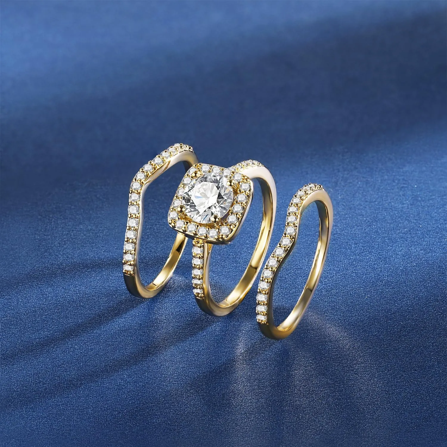 MDFUN 18K Yellow Gold Plated Cubic Zirconia Three-in-One Halo Wedding Engagement Promise Eternity Ring for Women
