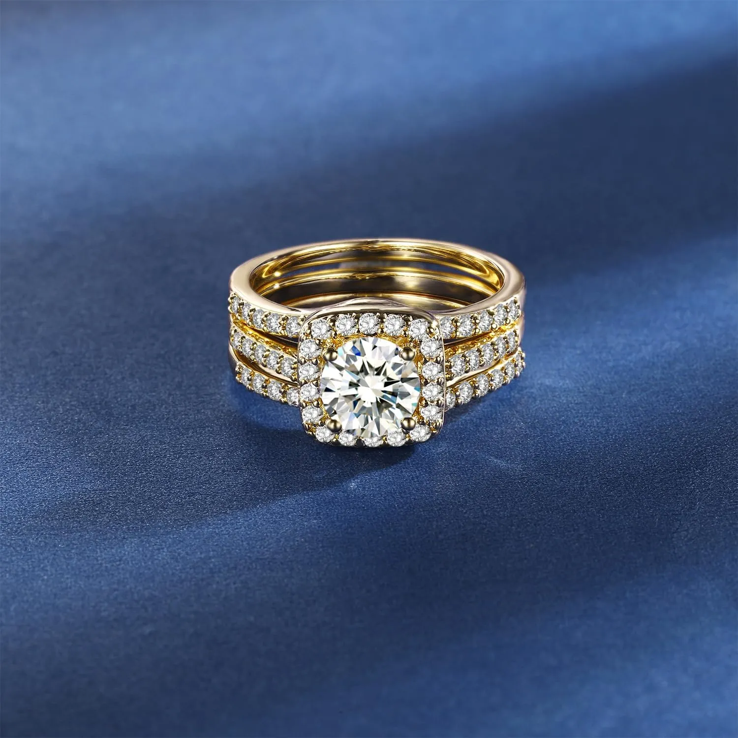MDFUN 18K Yellow Gold Plated Cubic Zirconia Three-in-One Halo Wedding Engagement Promise Eternity Ring for Women