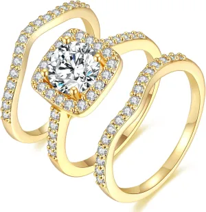 MDFUN 18K Yellow Gold Plated Cubic Zirconia Three-in-One Halo Wedding Engagement Promise Eternity Ring for Women