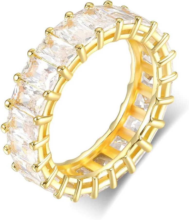 MDFUN Emerald Cut Cubic Zirconia Ring 18K White Gold/Yellow Gold Plated Engagement Promise Wedding Rings Eternity Bands for Women Size 5-10