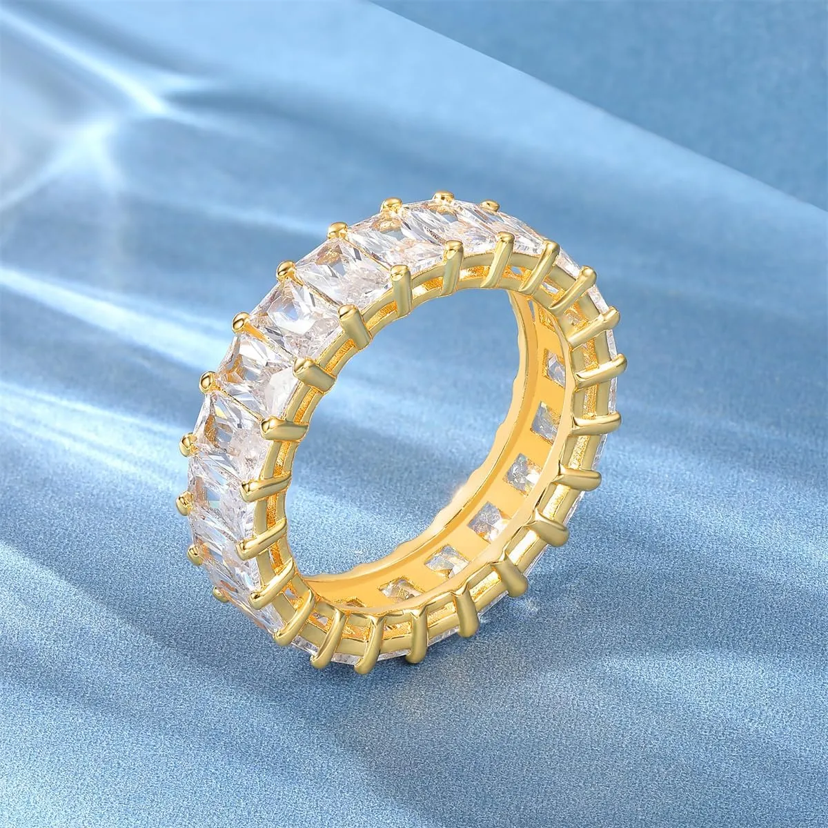 MDFUN Emerald Cut Cubic Zirconia Ring 18K White Gold/Yellow Gold Plated Engagement Promise Wedding Rings Eternity Bands for Women Size 5-10