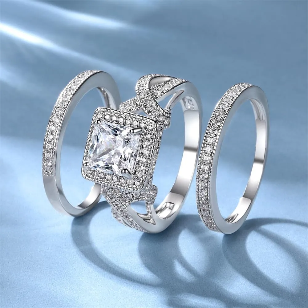 MDFUN Three-In-One Square Wedding Engagement Ring,18K Gold Plated Cubic Zirconia Promise Eternity Ring Set for Women