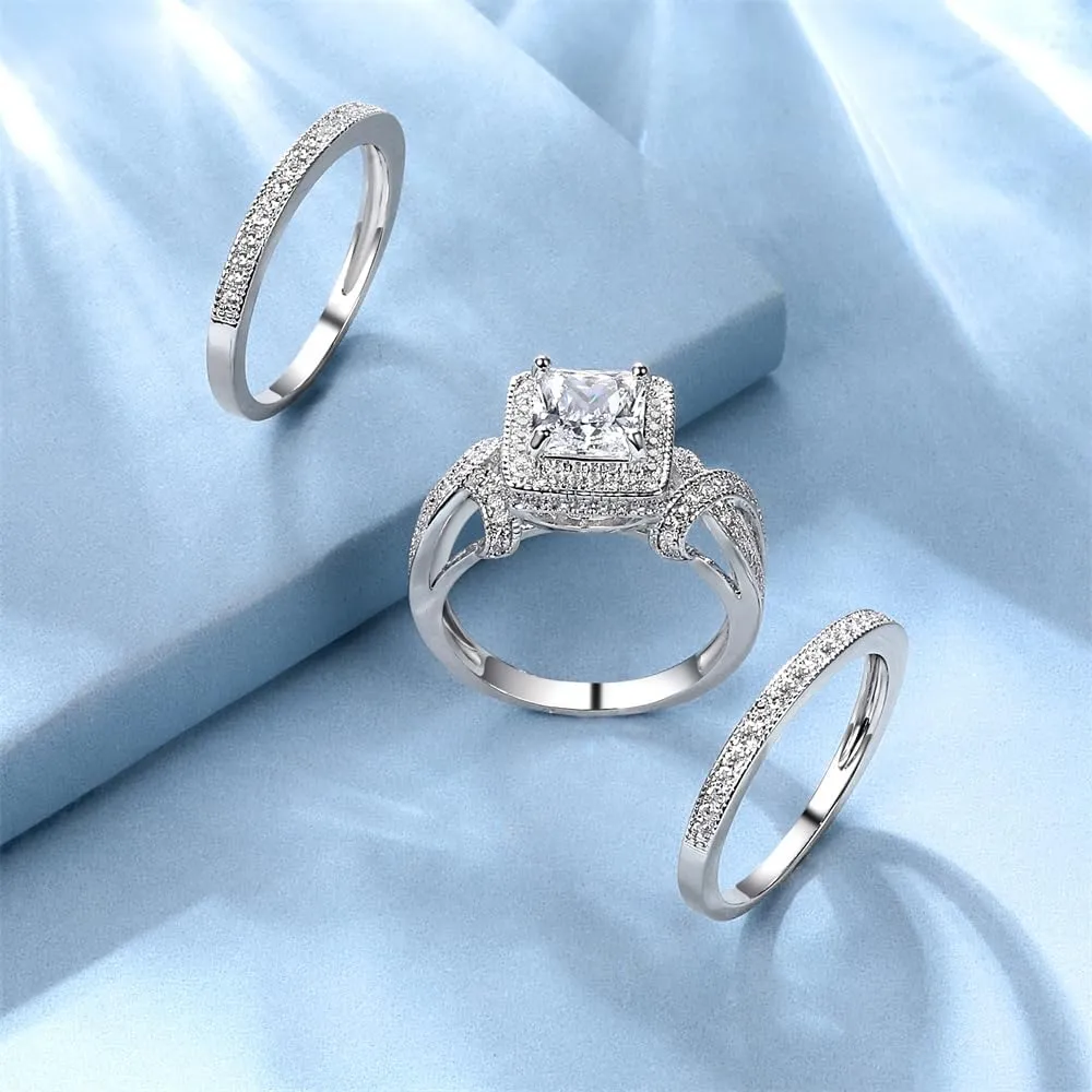 MDFUN Three-In-One Square Wedding Engagement Ring,18K Gold Plated Cubic Zirconia Promise Eternity Ring Set for Women