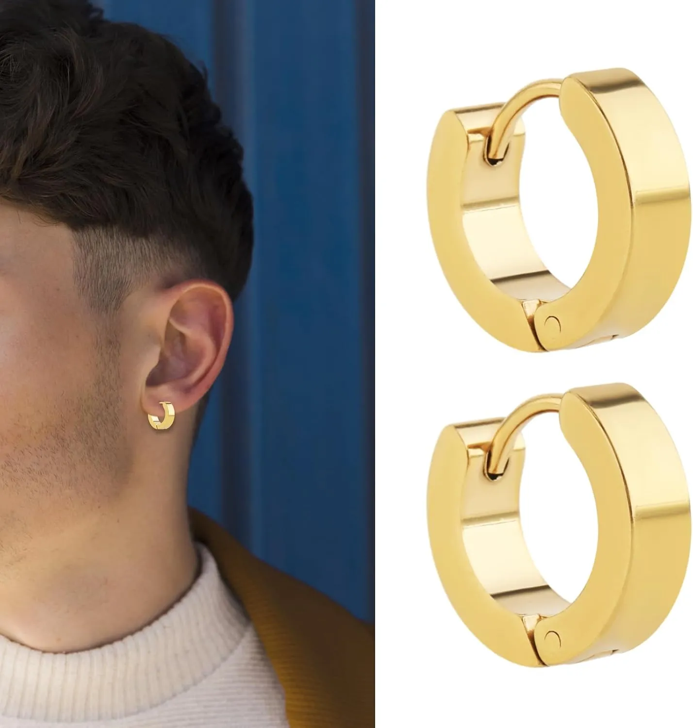 Men Hoop Earrings, 3 Pairs Hoop Earrings for Men Stainless Steel Mens Earrings Hoop Gold Silver Black Hoop Earrings Men Hypoallergenic Small Hoop Earrings for Men Women Wearing