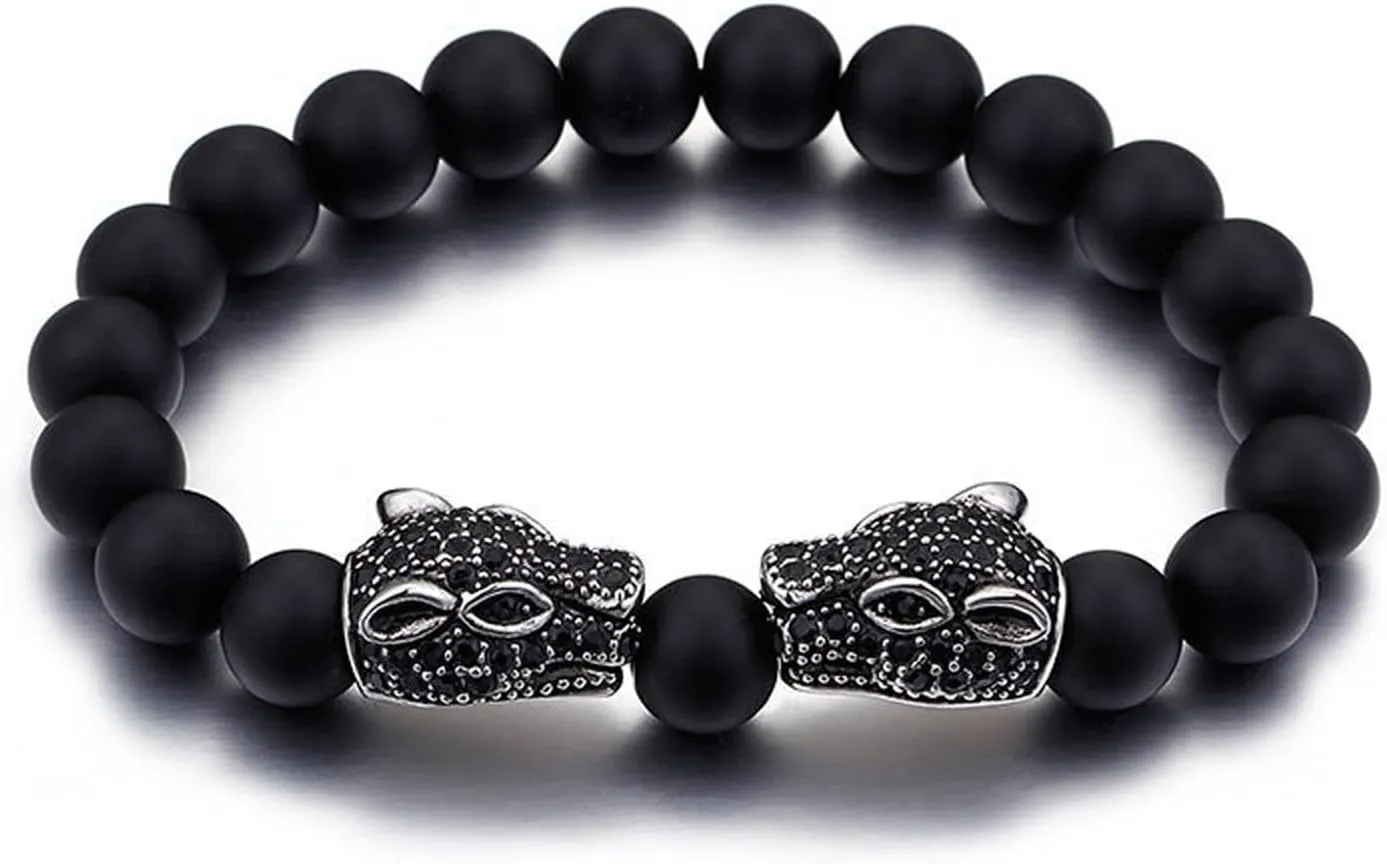 Mens Bangle Bracelet, Animal Prayer Beads Stainless Steel Link Bracelets 10mm