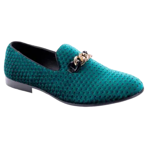 Men's Emerald Green Velvet Material Slip-on Shoe Gold Chain Luxury Loafer