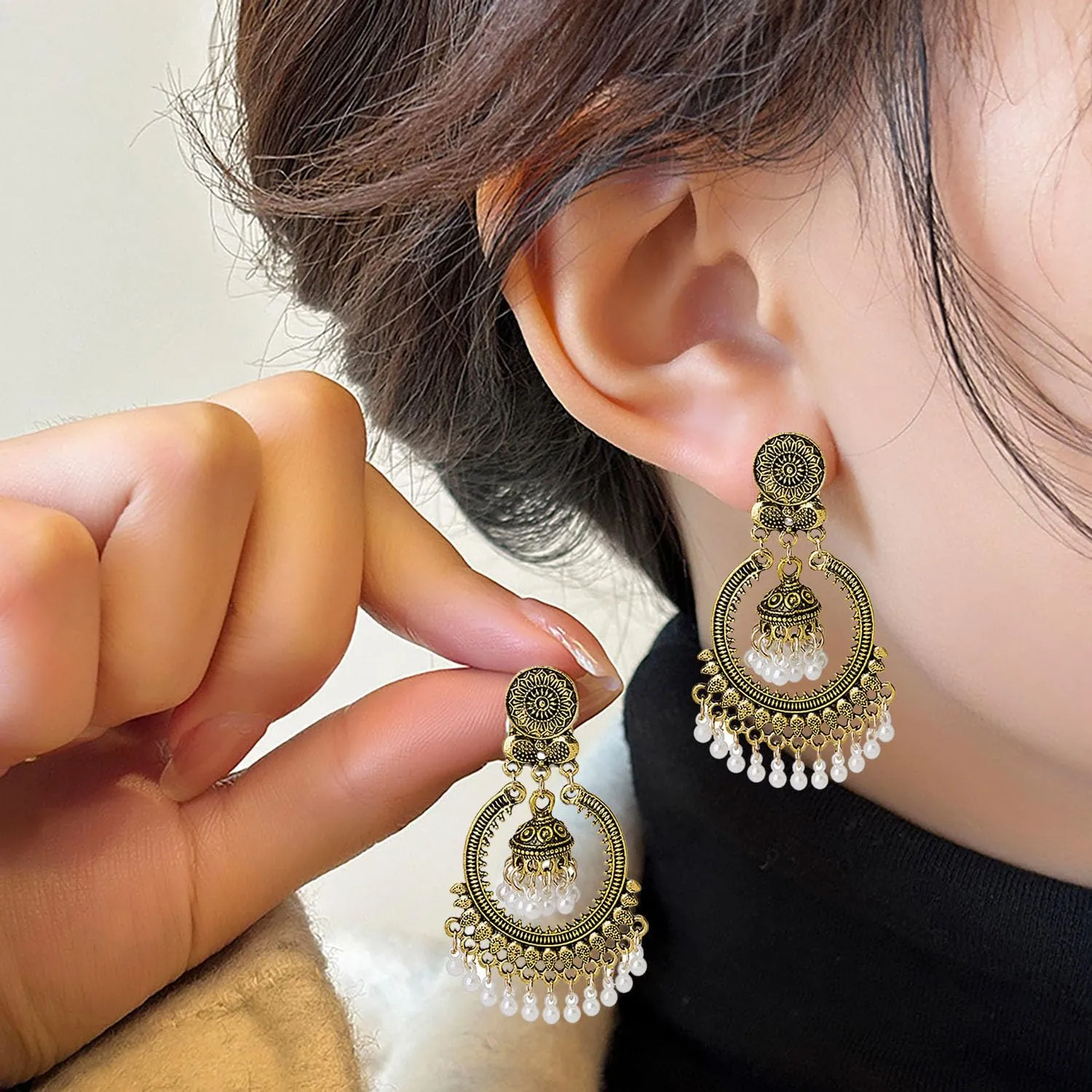 Mexican Earrings for Women Gold Filigree Earrings Vintage Chandelier Tassel Earrings Mexican Style Engraved Lotus Hook Dangling Earrings Jewelry Gifts for Women