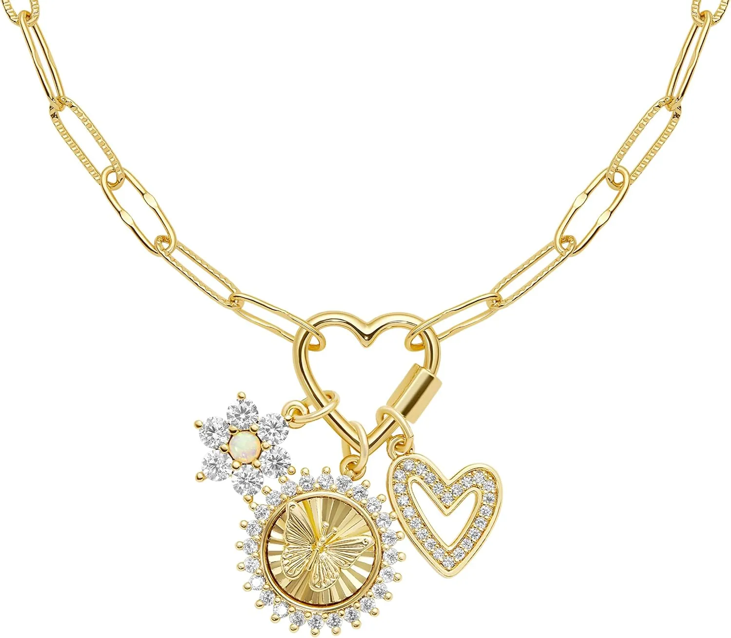 Milla 14K Gold Plated Charm Necklace for Women, 18 inches Paperclip Chain and 2 inches Extension, with Pendants on Carabiner. Safe and Hypoallergenic