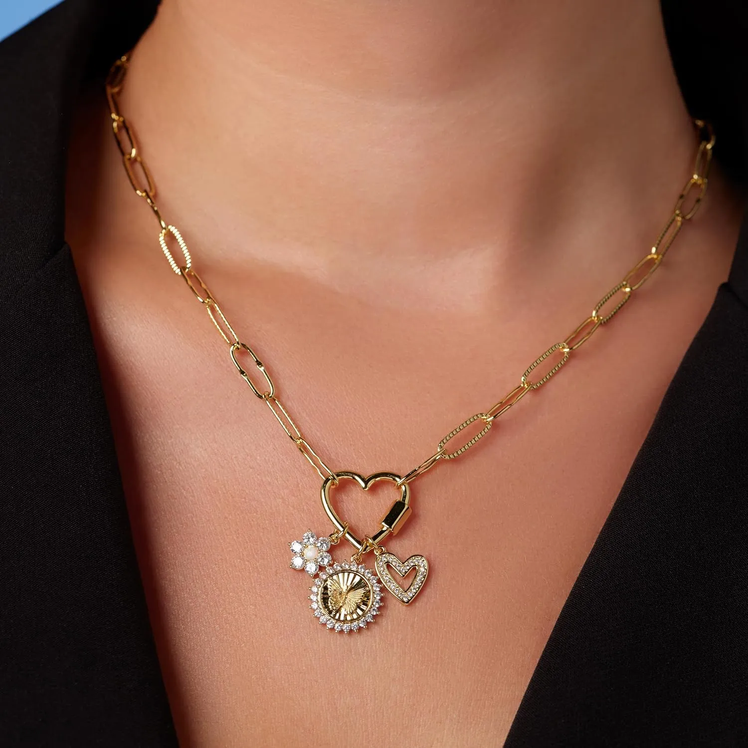 Milla 14K Gold Plated Charm Necklace for Women, 18 inches Paperclip Chain and 2 inches Extension, with Pendants on Carabiner. Safe and Hypoallergenic